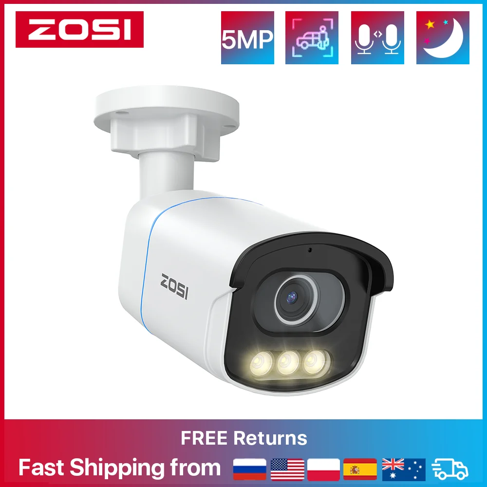 

ZOSI 5MP AuroraLux PoE Security IP Camera With True Color Night Vison Person Vehicle Detection 3K HD Surveillance Cameras