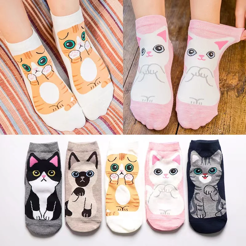 5 paia di calzini da donna per cartoni animati per cani e gatti calzini corti in cotone Kawaii calzini carini alla caviglia con taglio basso calzini