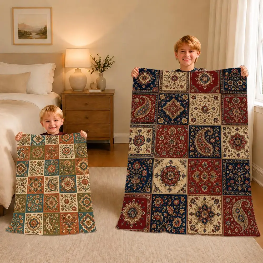 Pattern Vintage Bohemian Tile Patchwork Throw Soft Plush Flannel Pet Blanket, Home Decor Cover for Sofa, Bed, Trip & Picnic