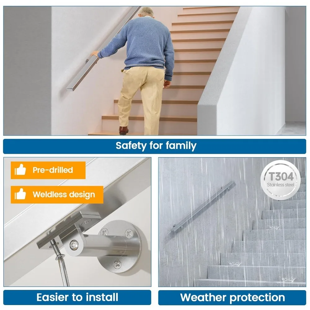 Muzata 5Ft درابزين درج محفور مسبقًا 1x2 درابزين مستطيل مصقول مثبت على الحائط من الفولاذ المقاوم للصدأ قضيب يد آمن داخلي Outd