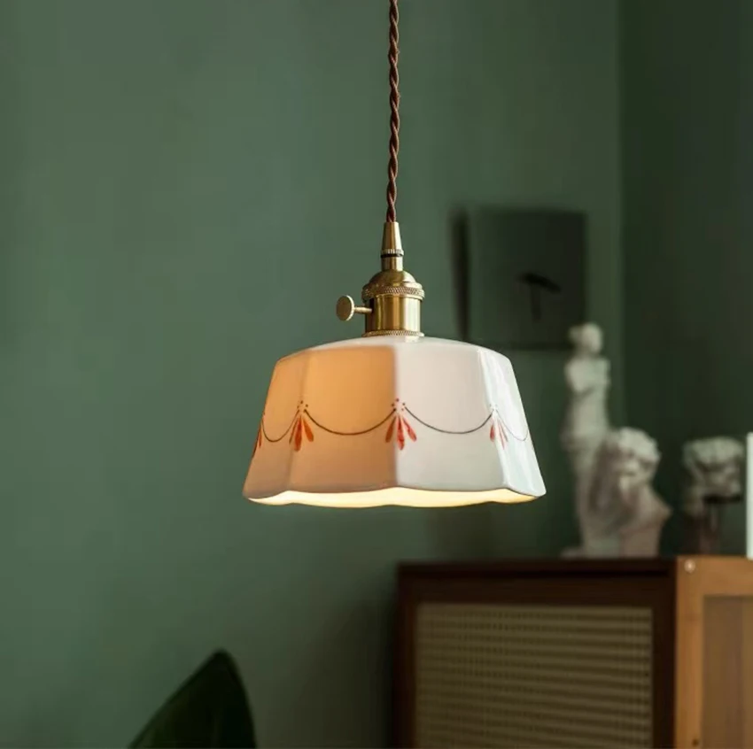 Vintage Hand Painted Ceramic Pendant Light Japanese Cream Hanging Light For Dining Room Bedside Kitchen Island E27 Pendant Lamp