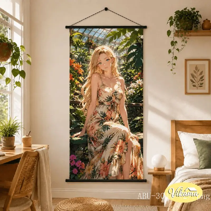 VIKAMA Beach Girl Tapestry Straw Hat Coconut Sunset Ocean White Dress Anime Art Polyester Wall Hanging Bedroom Dorm Home Decor