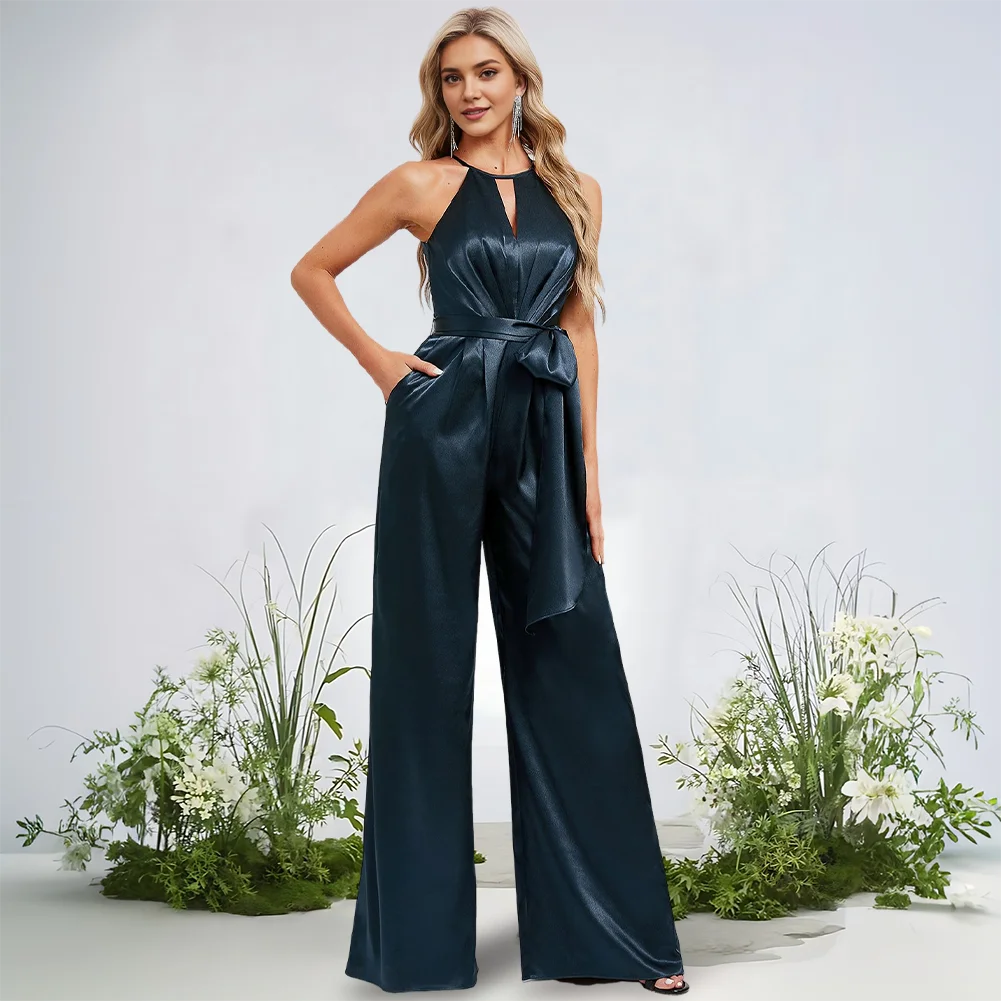 JHG Jumpsuit Bridesmaid Dress Halter Stretch Satin Floor-Length With Sash Bow Spaghetti Straps Pocket Wedding Cocktail Dress