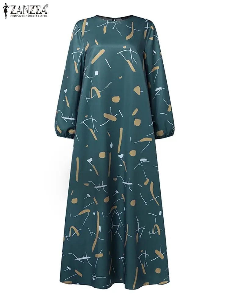 ZANZEA Women Vintage Floral Printed Muslim Abaya Dress Bohemian Loose Casual Vestido Kaftan Long Sleeve Maxi Sundress Robe Femme