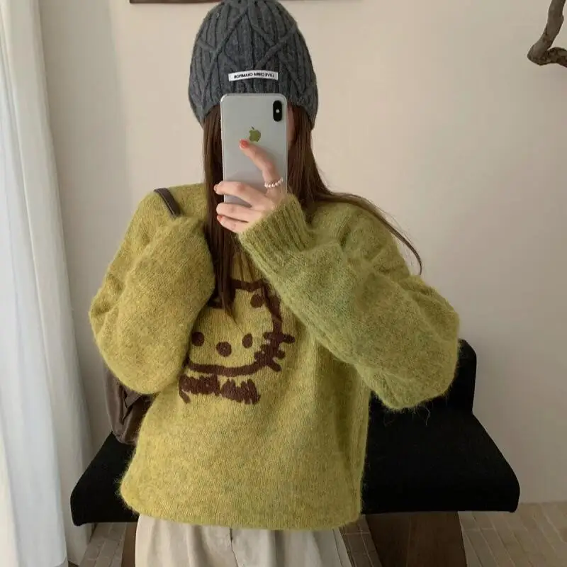 ホット秋冬新女性ファッションカジュアルセーターファッション漫画ハローキティジャカードラウンドネックルーズ多用途ニットセーター