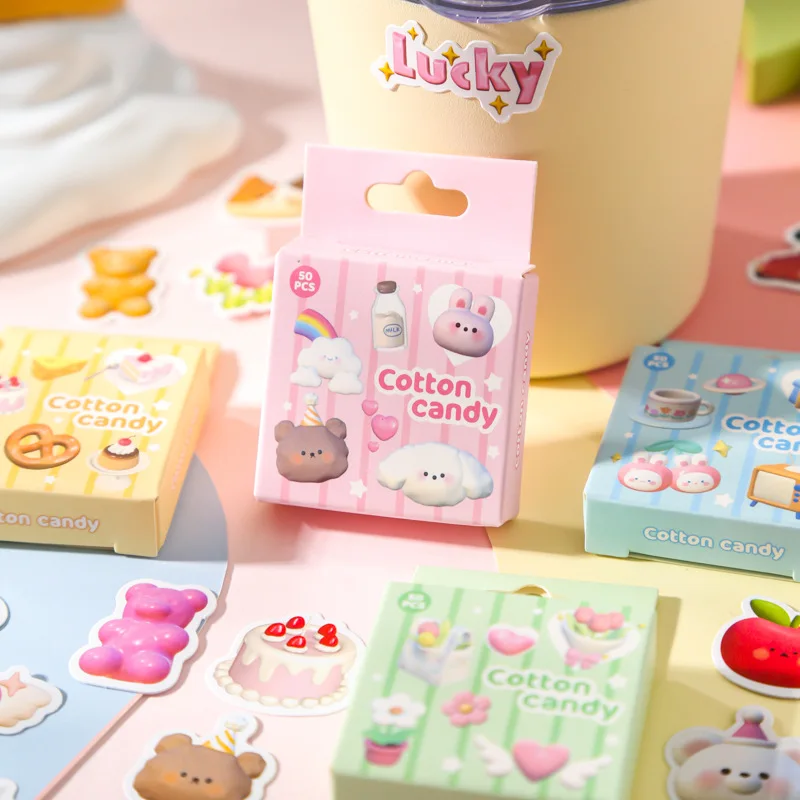 50 Pcs/Set Cotton Candy Series Decorative Sticker DIY Cartoon Animal Scrapbooking Material Label Diary Stationery Stickers
