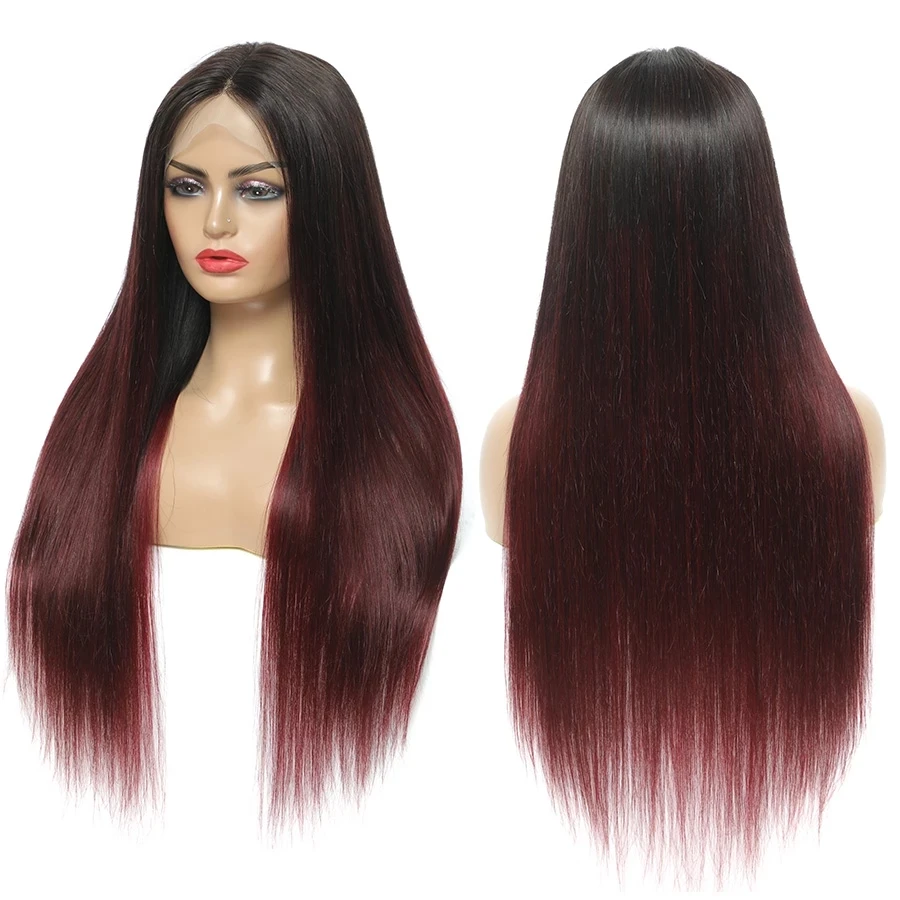 1B 99j Lace Front Wig Straight 4x4 Closure Wig Ombre Blonde Human Hair Wigs Pre Plucked 1B Burgundy Red Lace Frontal Wigs