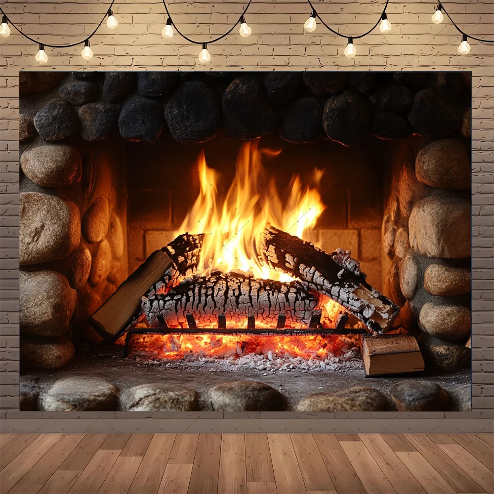 

New Year Christmas Decorations Vintage Brick Fireplace Wood Photography Background Backdrop Party Wall Photobooth Props