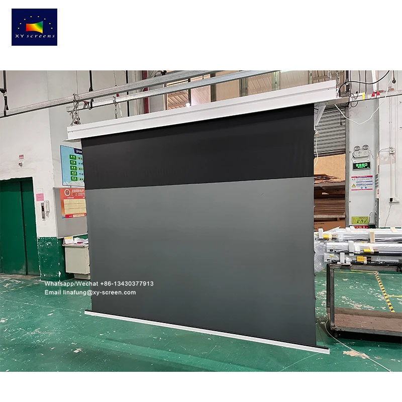 XY Screen 100 120inch Motorized Tab-Tensioned Ceiling Recessed Hidden Ultra Short Throw 4K ALR Laser Projector screen