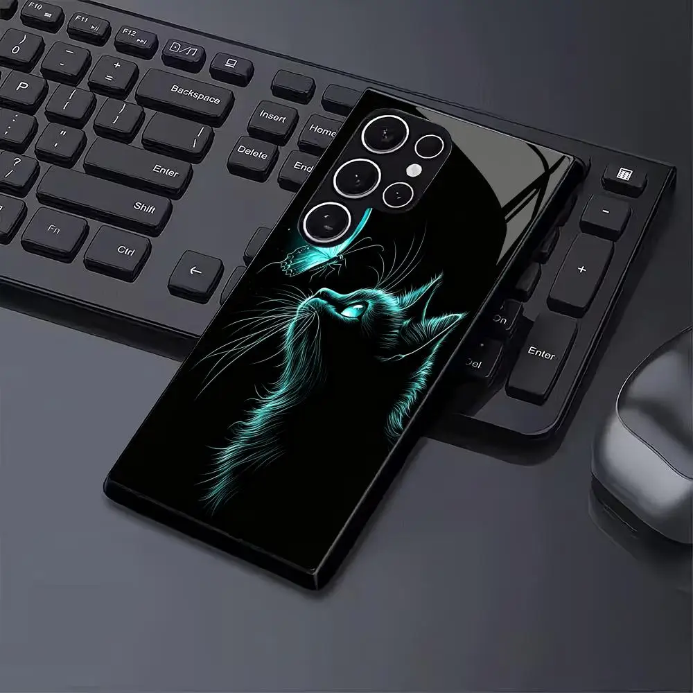 Blue cat black glass phone case suitable for Samsung Galaxy S26 S25 S24 S23 S22 S20 FE/Ultra/Plus anti fall back cover