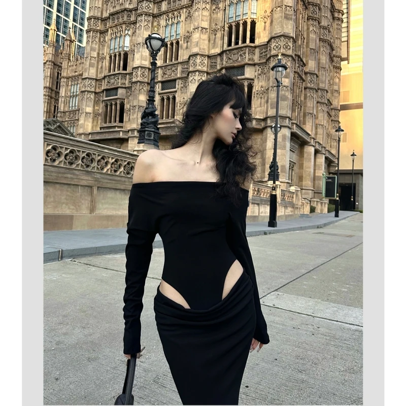 2023 Summer Womens Black Sexy Dress Strapless Hollow Out Europe and America Fashion Luxury Spicy Girl Female NEW Long Dress