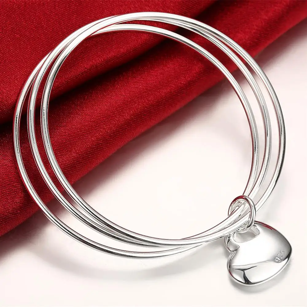 

Special Offer 925 Sterling Silver Bracelets For Women Three Circles Hanging Heart Bangle Girl Student Jewelry Fashion Party