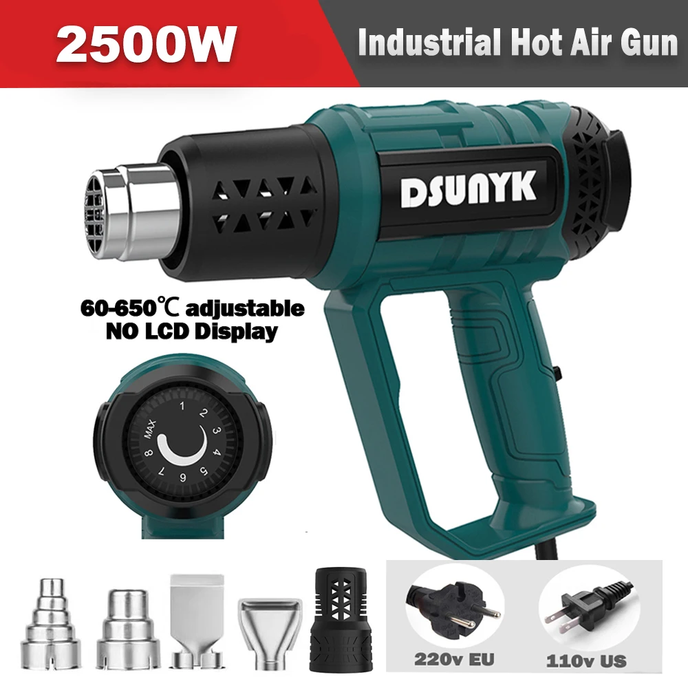 Professional 2500W Heat Gun with Adjustable Temperature 60-650℃ 4 Nozzles for DIY Paint Stripping PVC Shrinking Home Use Hot Air