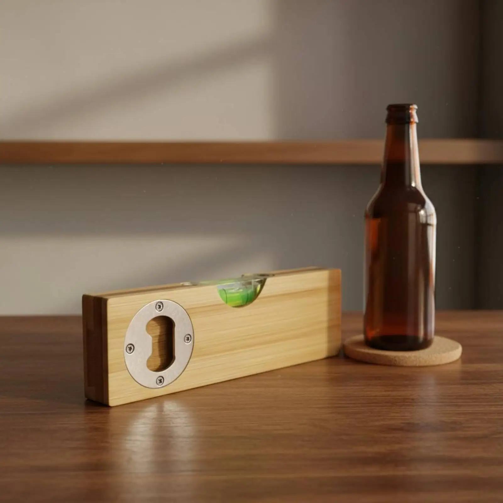 Beer Bottle Opener with Wood Handle and Level Multifunction Bar Opener Tool for Home Kitchen or Pub Counter