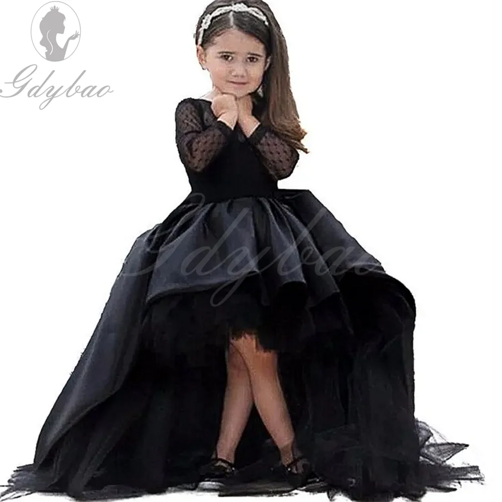 

Black Flower Girl Dresses High Low Scoop Long Sleeves Floor Length Satin Tulle Ball Gown Gown Kids Wedding Party Dresses