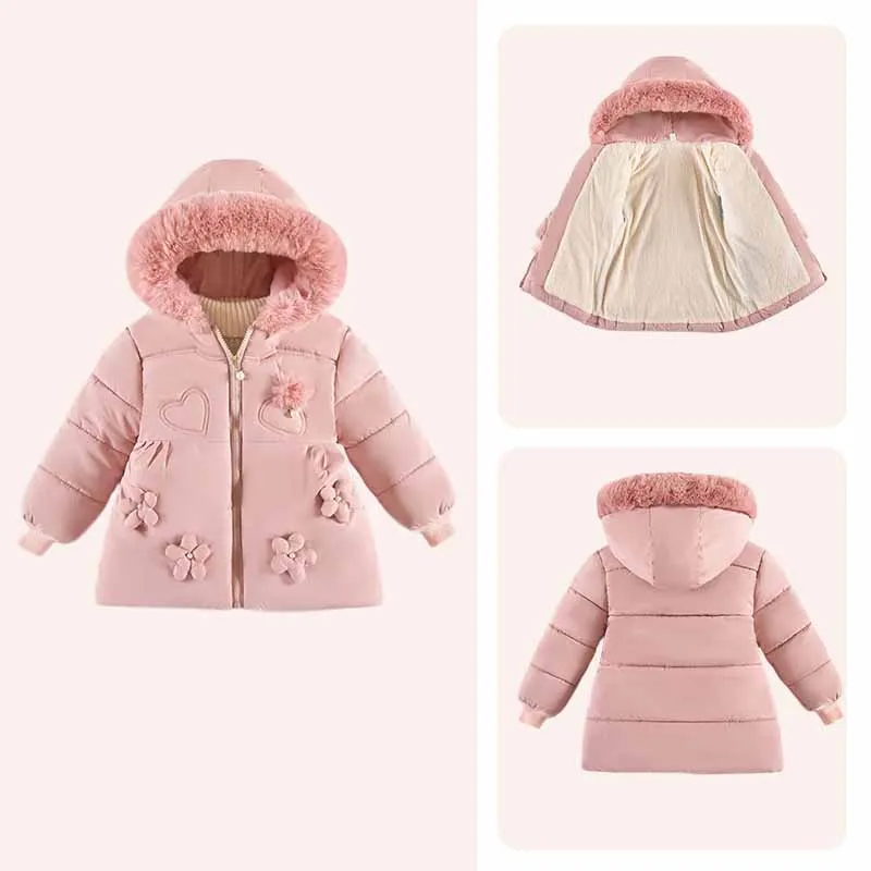 Fur Collar Thick Warm Parkas Girls Padded Jacket Baby Plus Velvet Outerwear Kids Hooded Down Coat Winter New Zipper Clothes 2-4Y