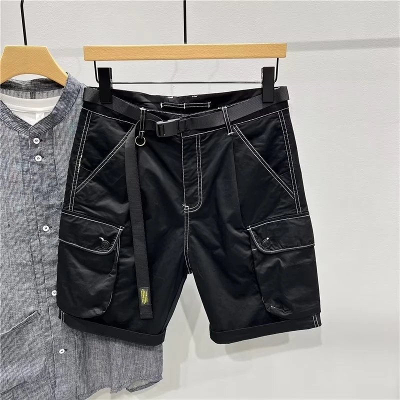 Summer Textured Men's Outdoor Daily Cargo Casual Shorts, Japanese Style Solid Color Washed Versatile Slim Fit Knee Length Shorts