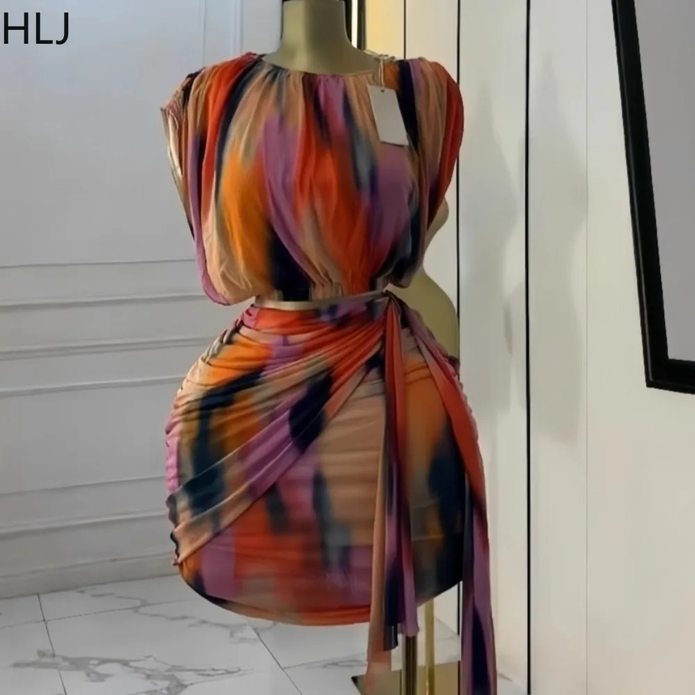 

HLJ Sexy 2 Pieces Set for Woman Tie-dye Printing Ruched Patchwork Crop Top and Bodycon Skirt Suit Female Streetwear Clothing New