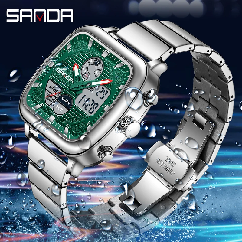 SANDA 9101 Fashion Quartz Electronic Dual Movement Watch Men\'s Squar Multi functional Waterproof Night Light Casual Men Watches