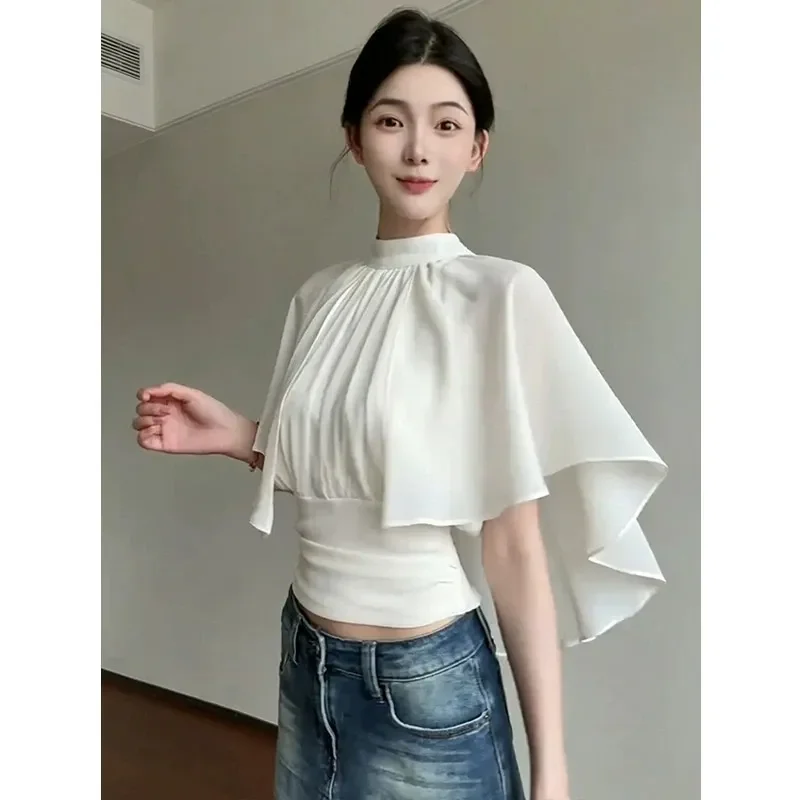 

Women High Neck Chiffon Blouse Cape Sleeve Slim Fit Casual Sleeveless Top