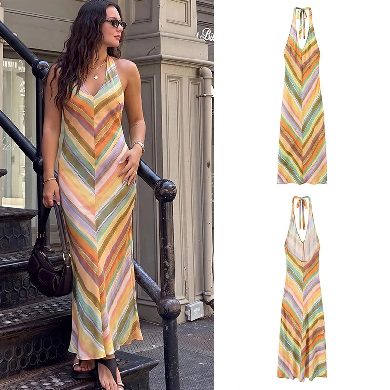 Guobioziy Women's Striped Dress 2026 Summer Collection Multi-Colored Design French Casual Fashion Premium Luxury Style