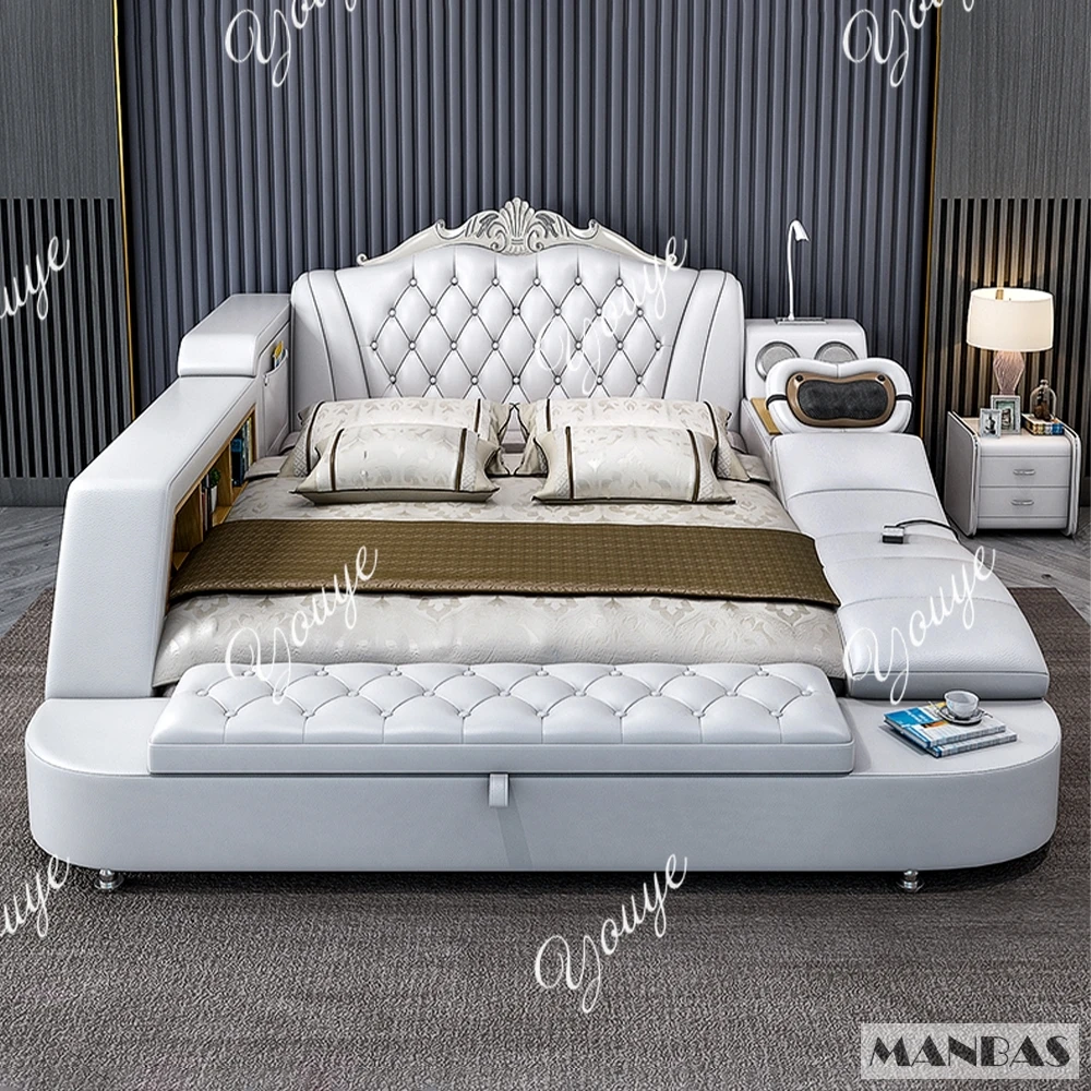 MANBAS Ultimate Bed Frame Tech Smart Multifunctional Bed with Genuine Leather, Massage, USB, Bluetooth Speaker, Tatami & Safe