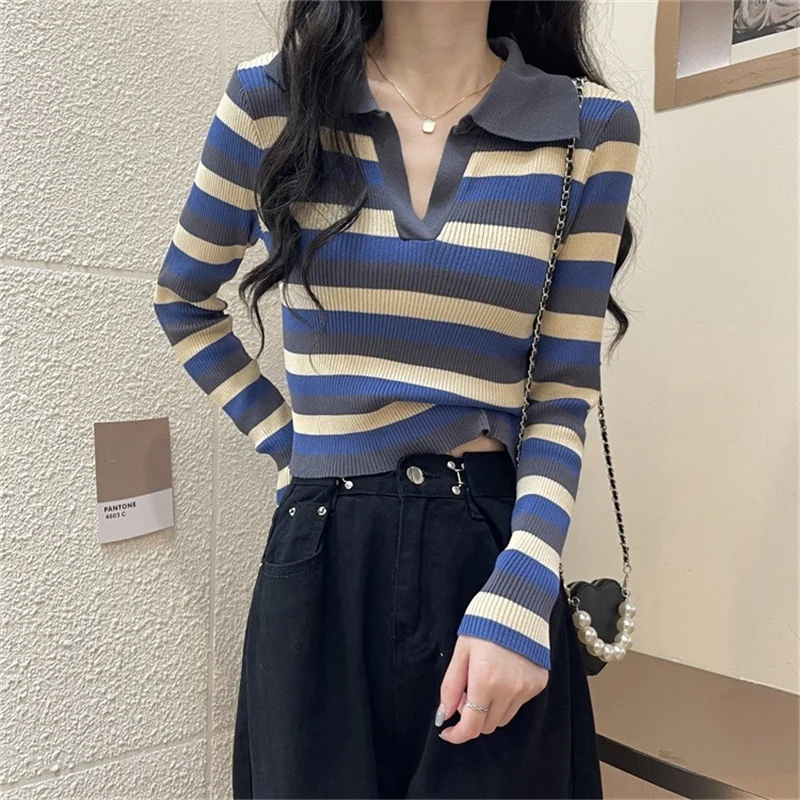 

plus Size Women's Striped Long Sve Knitted T-irt Collared Base Layer Top Commute Sle Korean Faion Slim Fit Design