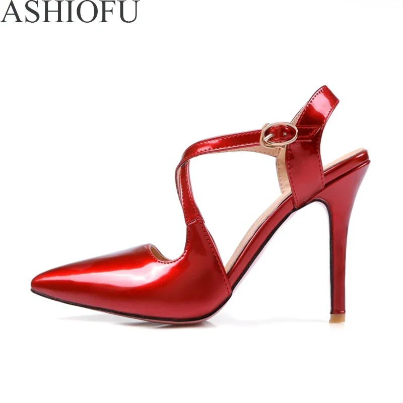 ASHIOFU Handmade Ladies 10cm High Heel Pumps Cross-buckle Strap Party Prom Dress Shoes Large Size Sexy Fashion Club Court Shoes