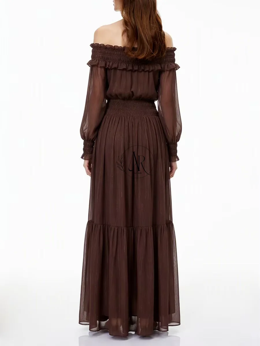 Aure Customized Mesh Spliced Ruffle Evening Maxi Dress for Women Off Shoulder Puff Sleeve Slimming Patchwork Sheer Solid Dresses