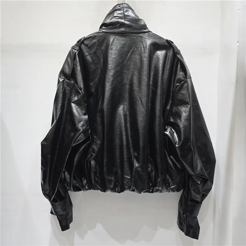 HKSH Women PU Leather Jacket Dark Moto Biker Style Loose Zippers Design Elastic Hem Niche High Street Coat Spring Autumn HK26334