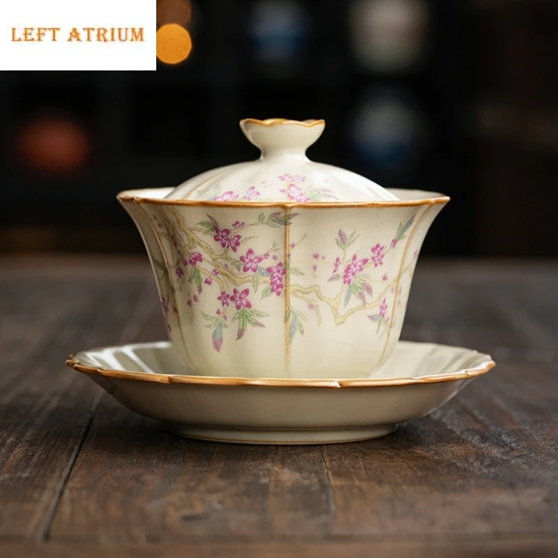 

Retro Ru Kiln Tea Tureen Ceramic Sancai Cover Bowl Tea Maker Gaiwan Can Raise Kung Fu Teaware