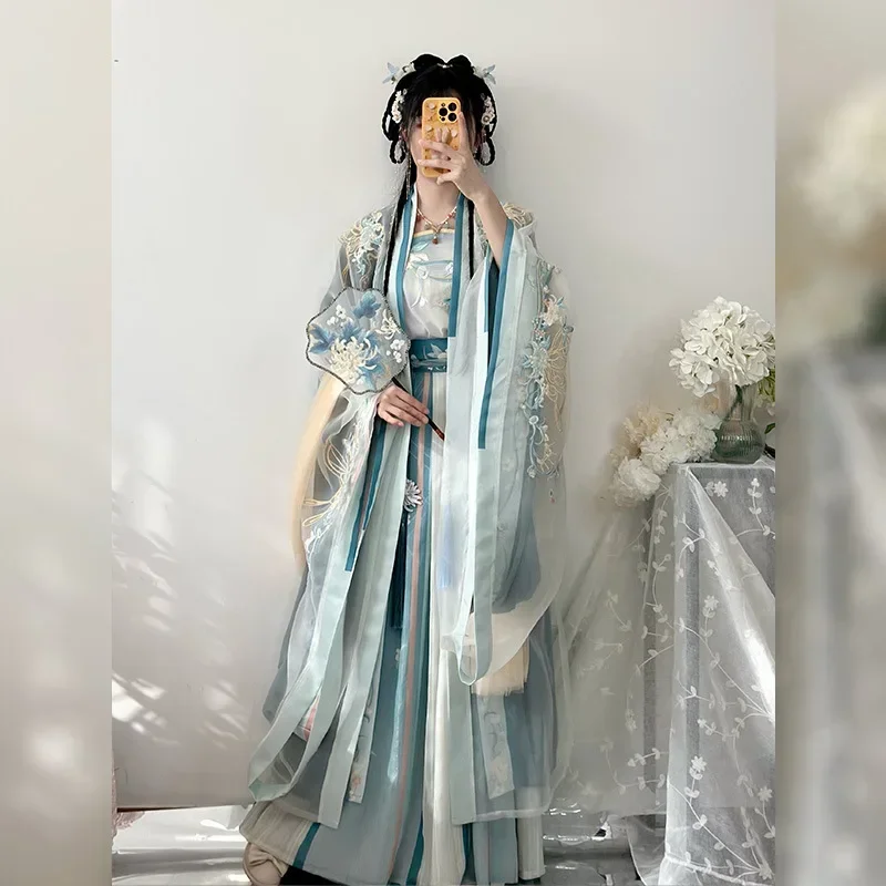 Chinese style Women Embroidery Gradient Colors Hanfu Dress Traditional Performance Costume