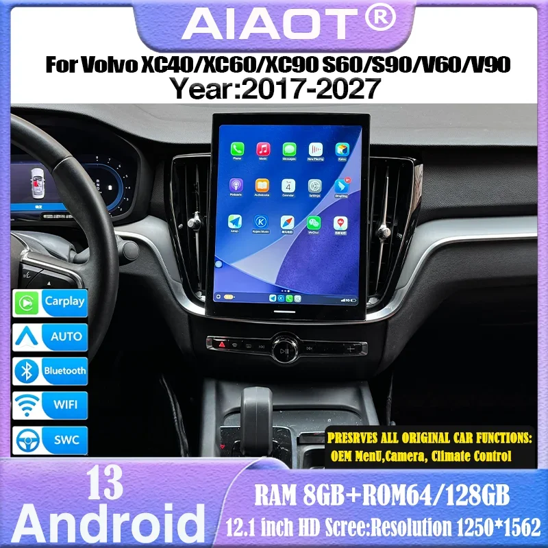 for 12.1 inch Android13 Radio Smart Screen Volvo XC40/XC60/XC90/S60/S90/V60/V90 with CarPlay GPS Smart Features Multimedia Playe
