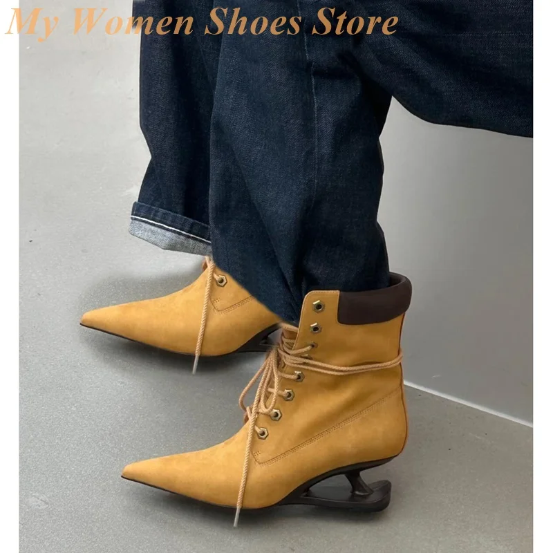 مدبب تو غريب نمط كعب الجوارب الدانتيل يصل سستة البني موضة الكاحل 2025 النساء الأحذية الصورة الحقيقية رائجة البيع المدرج الأحذية #1