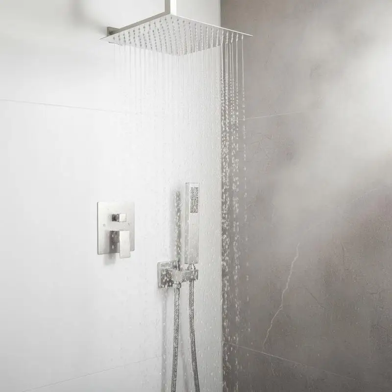 Rain Shower Fixtures 12-Inch For Residential Bathroom Hotel Suite Master Bath, Ceiling Mounted High Pressure Dual Function Brass Construction Brushed Nickel Finish view 5