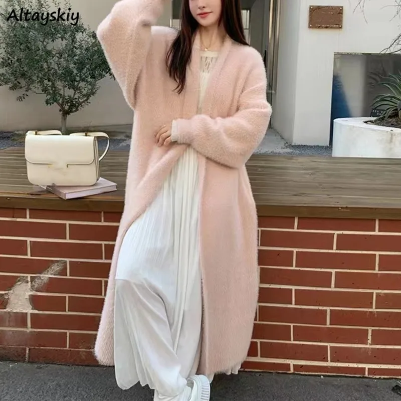 

Minimalist Cardigans for Women All-match Korean Style Autumn Winter Soft Long Sleeve Casual Young Chic Girls Loose Mid-calf Ins