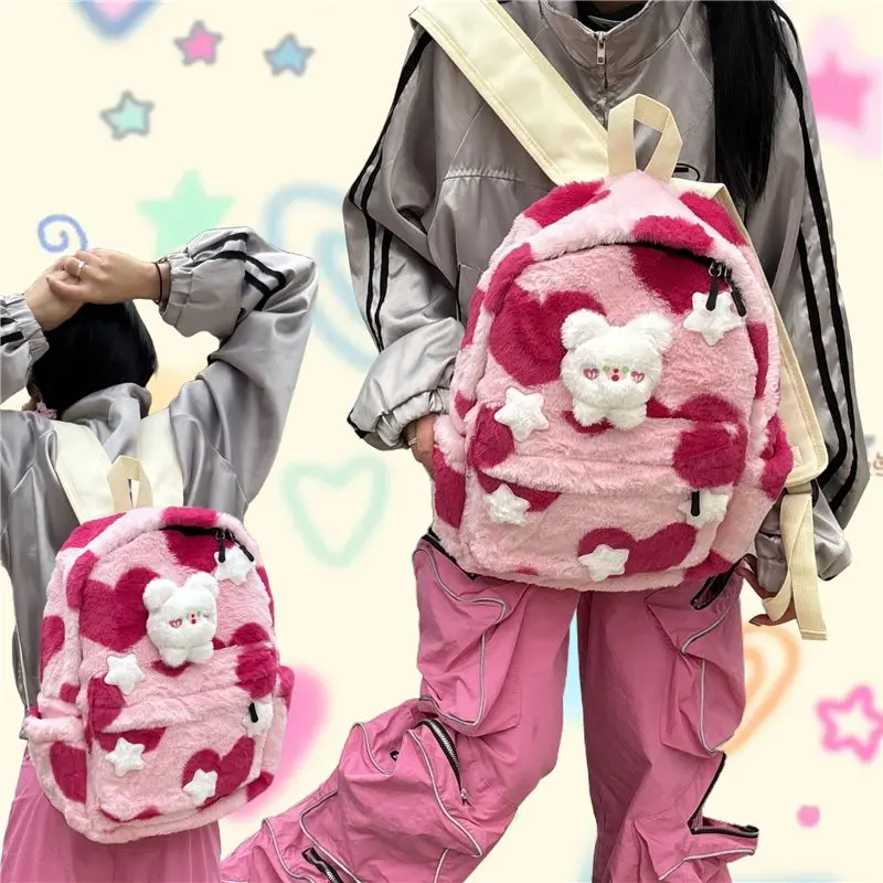 Y2k Girl Star Backpack Korean Fashion Large Capacity Fluffy Cute School Bag Harajuku Fur Kawaii Travel Bag Sweetwear 2023 Winter