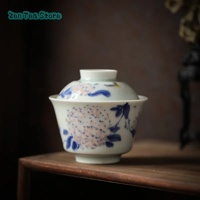 Hand-painted Hydrangea Flower Cover Bowl Ceramic Kung Fu Tea Set Household Small Two Tea Cup Is Not Hot Single Tea Bowl