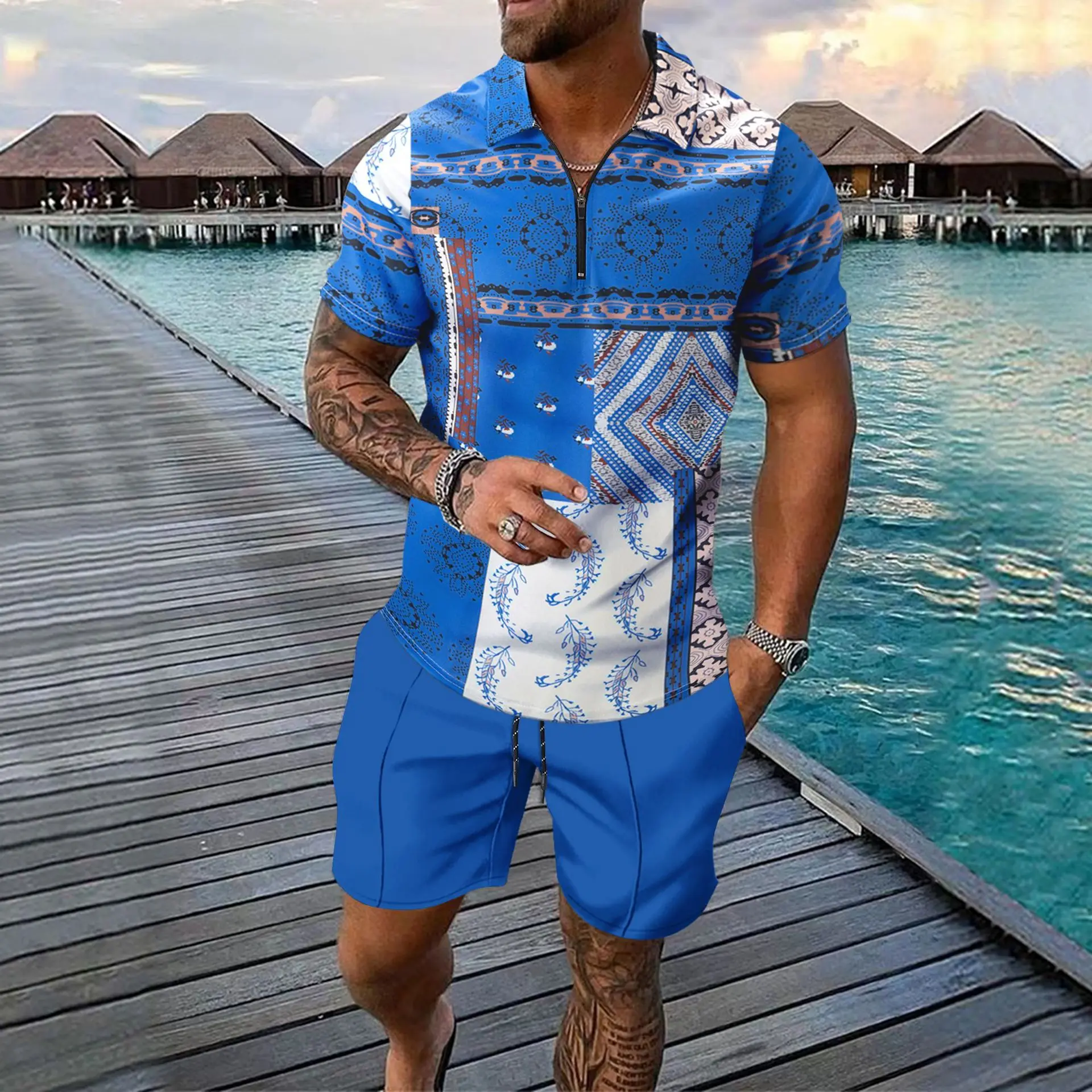 Summer New Men's Digital Printing Casual Sports Lapel Short Sleeve Zipper Shorts Set