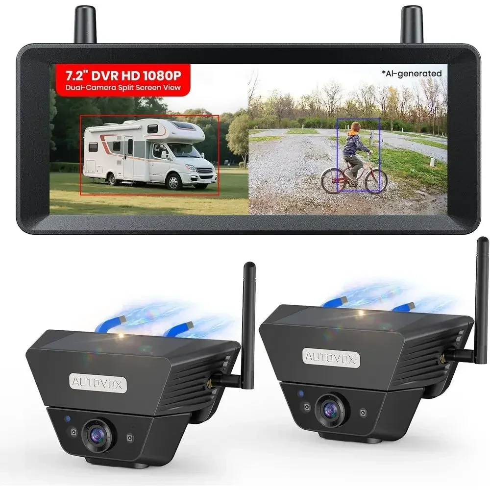 2 Solar Magnetic Wireless Backup Camera Kit: Watch Rear and Side Views, Spot Cars and Pedestrians, 2 Min Easy Mount, 7.2 inch Sp