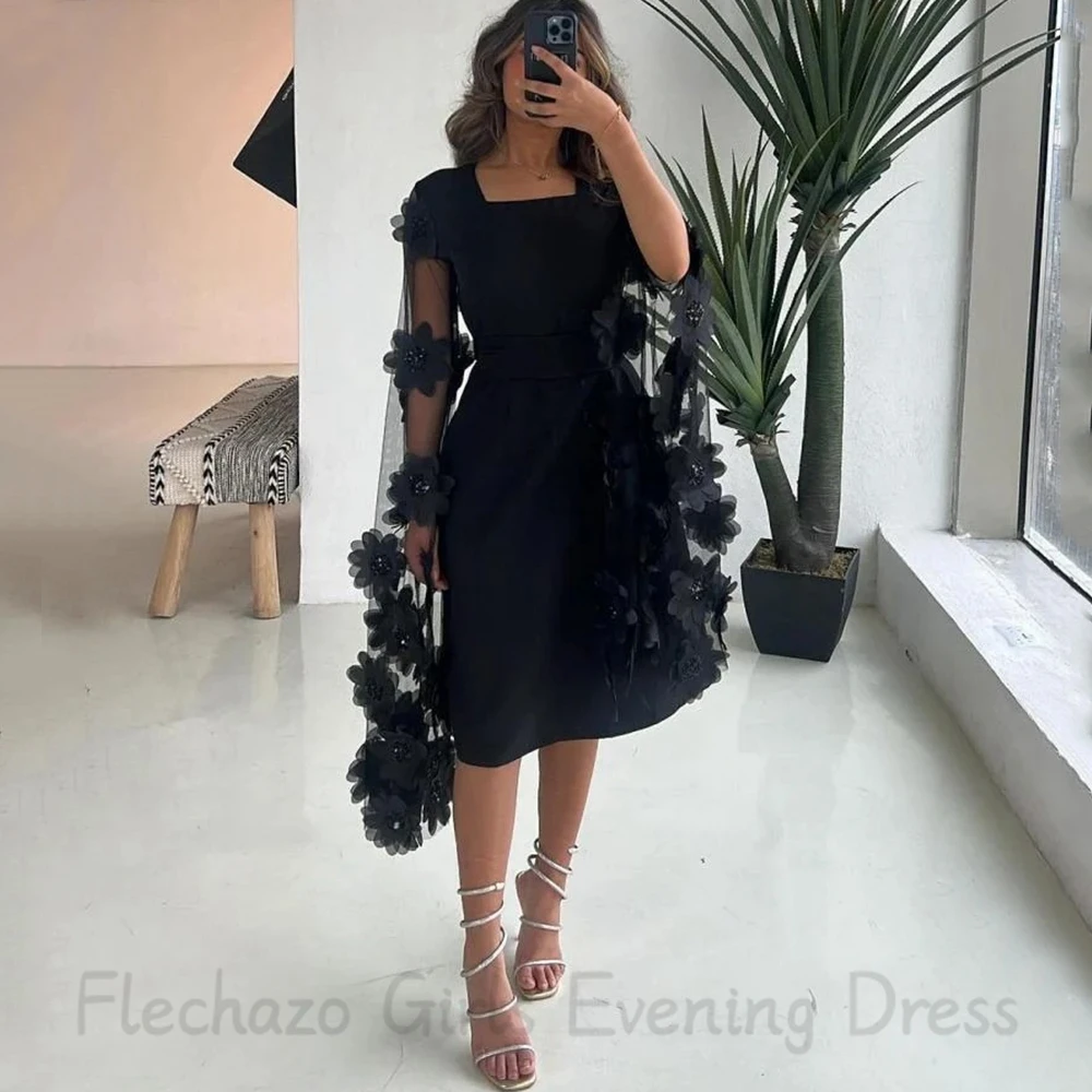 Flechazo abito da sera corto colletto quadrato nero Illusion Tulle maniche lunghe con fiori 3D a-line abiti da festa donna lunghezza tè