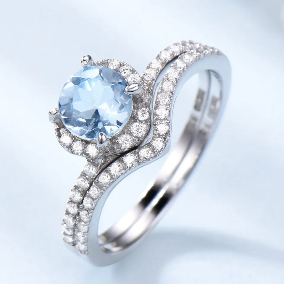 

6mm Round Sky Blue Ring 925 Sterling Silver Rings for Women Two Rings Engagemet Fashion Jewelry