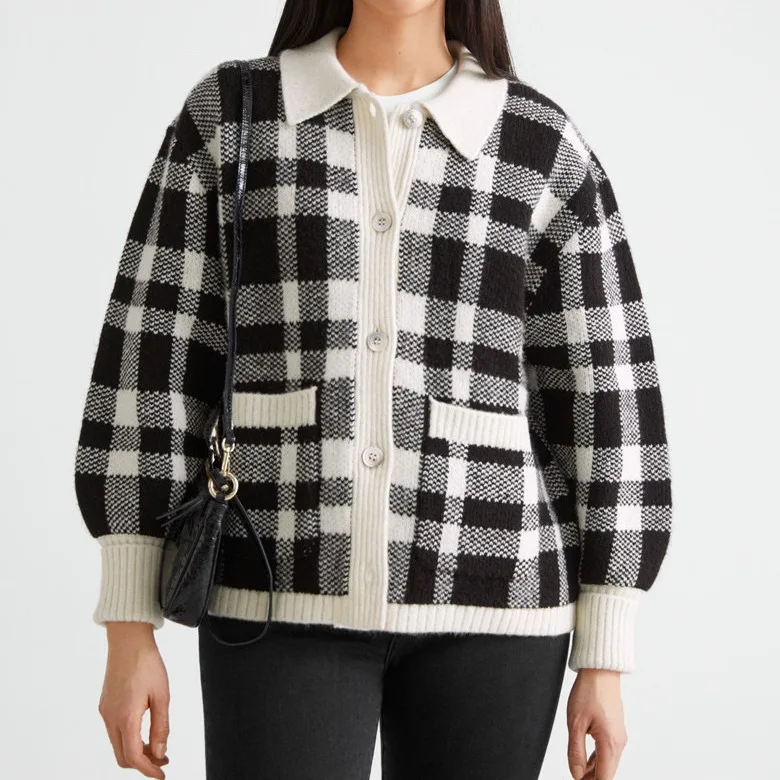 Cardigan en tricot à carreaux noir et blanc pour femme, veste clown décontractée, revers, nouveau, hiver, livraison gratuite, 2024