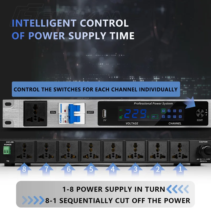FUHAM AC-908 Professional Power Controller, 10-Channel Power Sequencer, with RS232 Serial Port, Suitable for Stage Performance