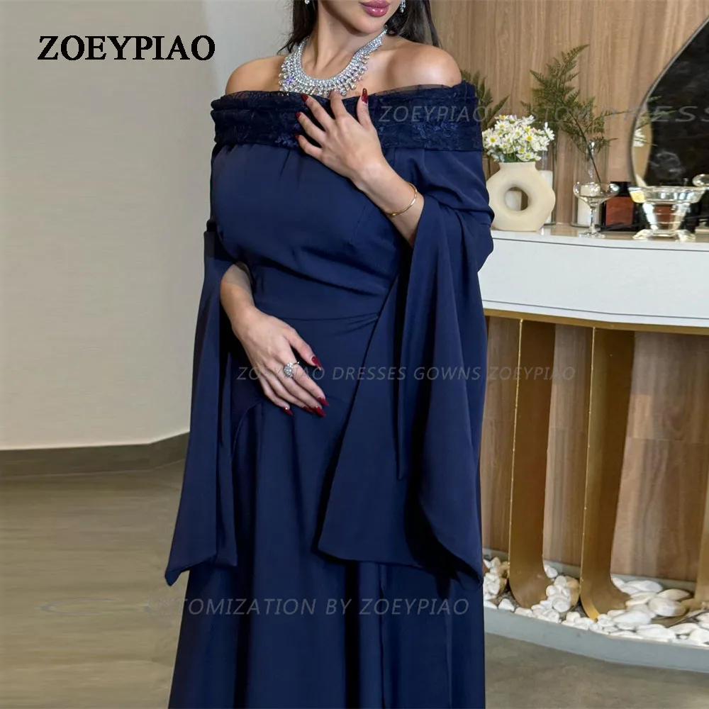 

Navy Blue Off Shoulder Saudi Arabic Women Prom Dresses Evening Gown Dubai Satin Lace Strapless Plus Size Formal Dress 2024