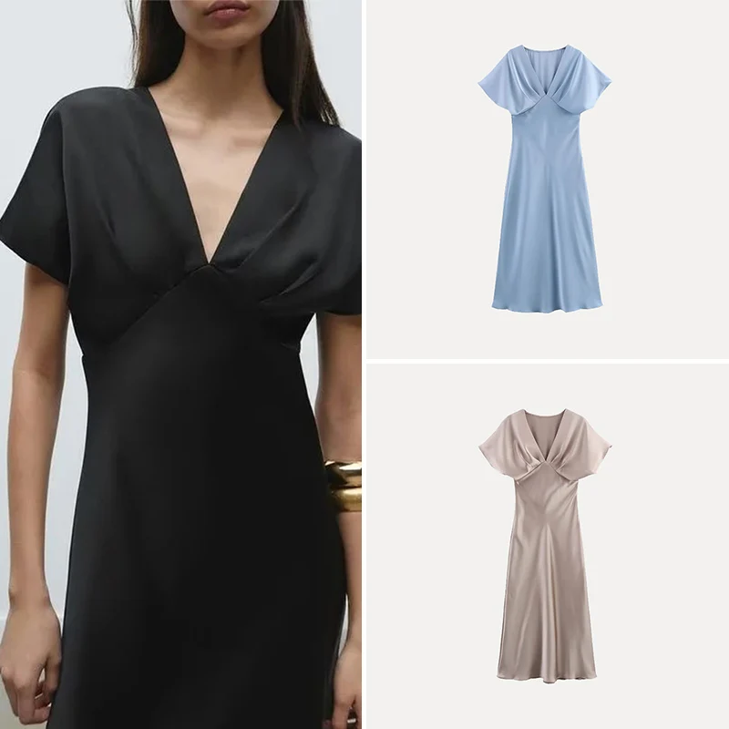 Wiosenna damska sukienka midi z dekoltem w serek, dopasowana, z jedwabiu satynowego, z włókna poliestrowego 00%.