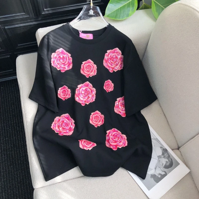 2025 Spring New Korean Style Top Tees Sweet Fashion Handmade Beaded Rose Printed Crew Neck Short Sleeves T-Shirt Y2k Accessories