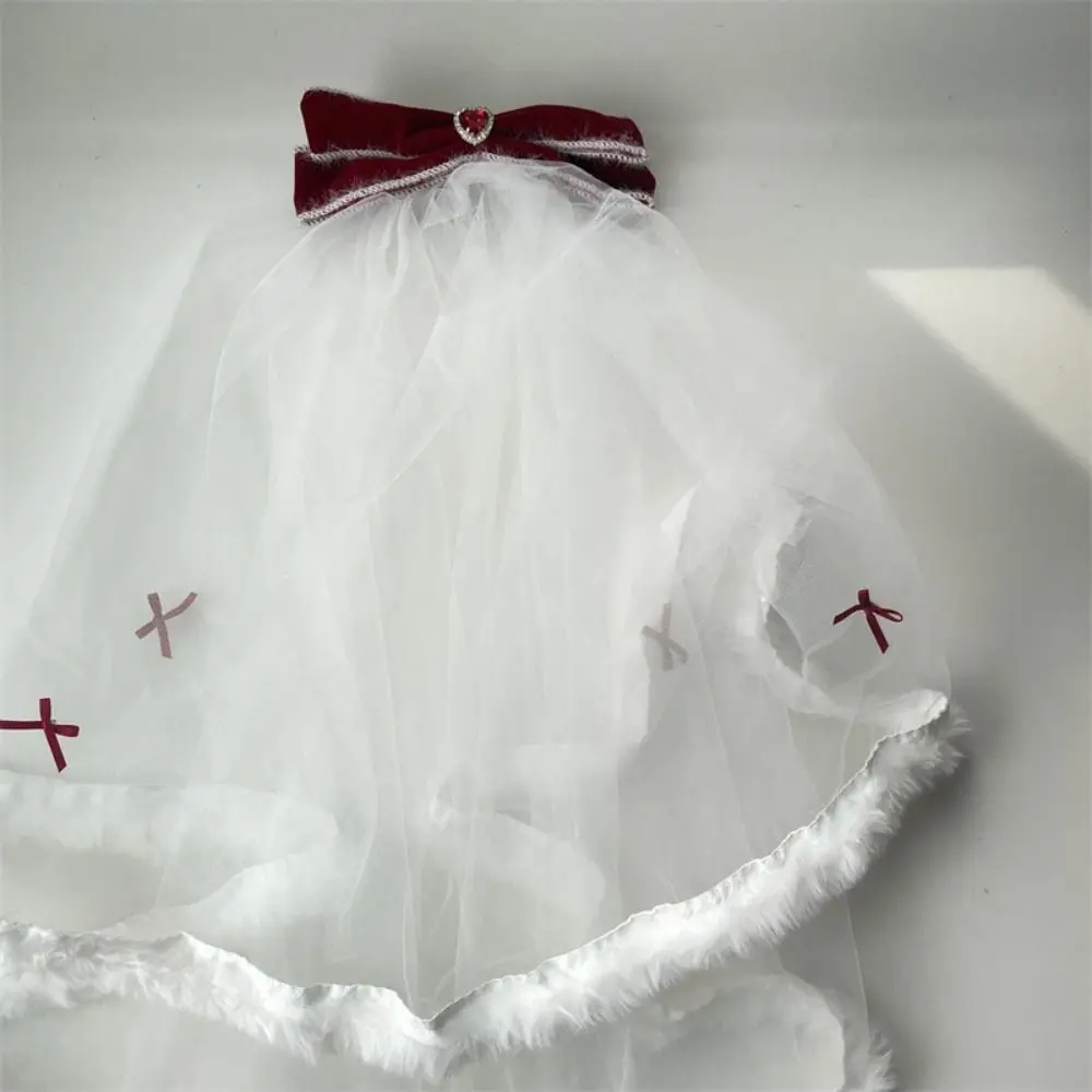Bowknot Long Velvet Bow Veil Heart Romantic Wedding veil Bride's White Headgear Christmas Hair Accessories Bridal Headdress