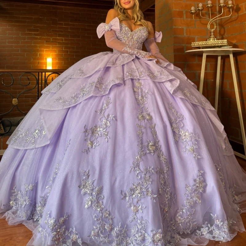 

Lavender Shiny Ball Gown Quinceanera Dresses Applique Lace Beading Crystal Tull Bow Corset Off Shoulder Sweet 16 Dress vestidos