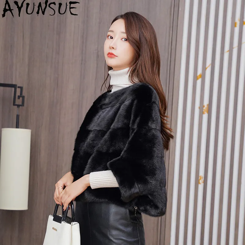 معاطف فرو المنك الطبيعي من AYUNSUE للنساء، ملابس فاخرة قصيرة للشتاء، معطف فرو أسود على الطراز الكوري، ملابس نسائية